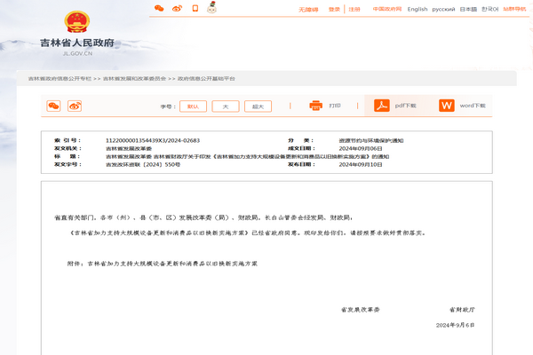 吉林?。骸都恿χС执笠?guī)模設(shè)備更新和消費(fèi)品以舊換新實(shí)施方案》發(fā)布