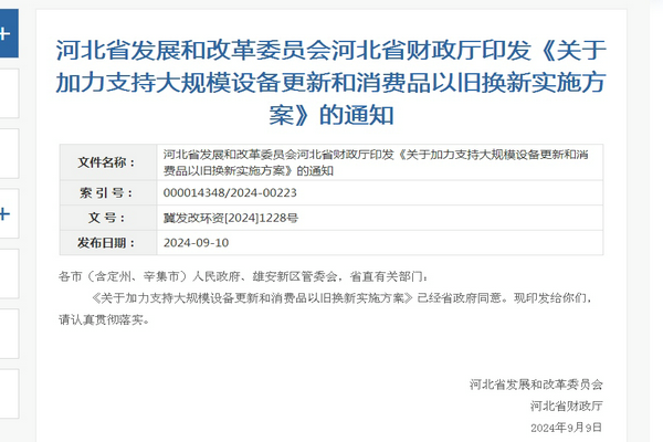 河北省《加力支持大規(guī)模設(shè)備更新和消費(fèi)品以舊換新實(shí)施方案》發(fā)布